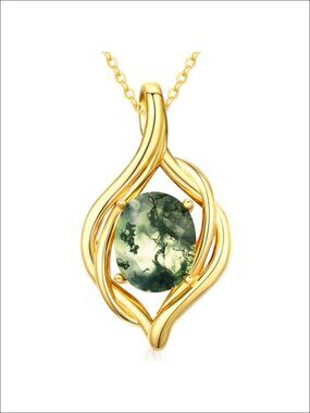 Moss Agate Teardrop Pendant Necklace 14K Gold Plated Brass Boho Jewelry Gift